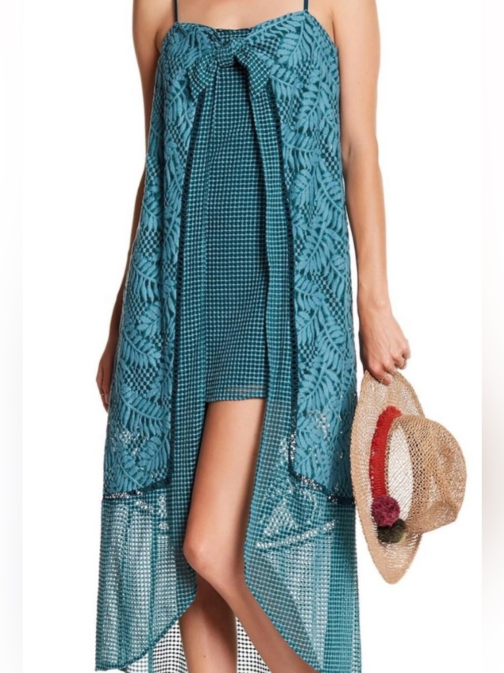Red Carter XS Teal Lace Overlay High Low Dress Adjustable Straps Resort $250